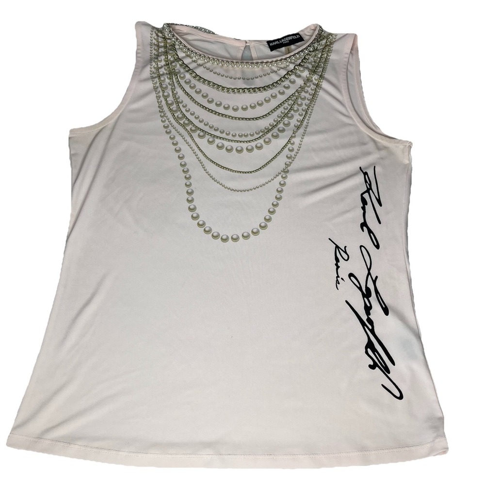 Karl Lagerfeld Paris Women's Sleeveless Blush Pink Top M y2k Pearl Chain Detail